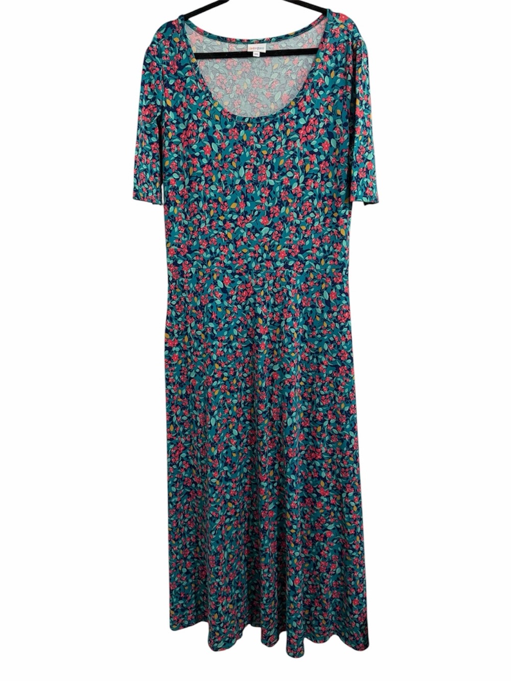LuLaRoe Size 3XL Floral Maxi Dress Blue Pink Stretch Short Sleeve Casual